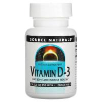 Вітамін Source Naturals Витамин D-3, 10000 МЕ, Vitamin D-3, 60 гелевых ка Фото