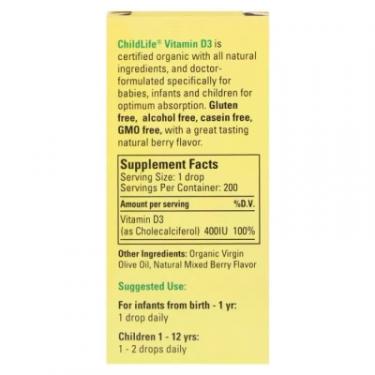 Витамин ChildLife Жидкий Витамин D3 для Детей со Вкусом Ягод, 400 МЕ Фото 1