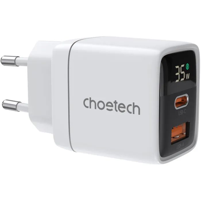 Зарядное устройство Choetech 1xUSB + 1xUSB-C PD35W with display white Фото